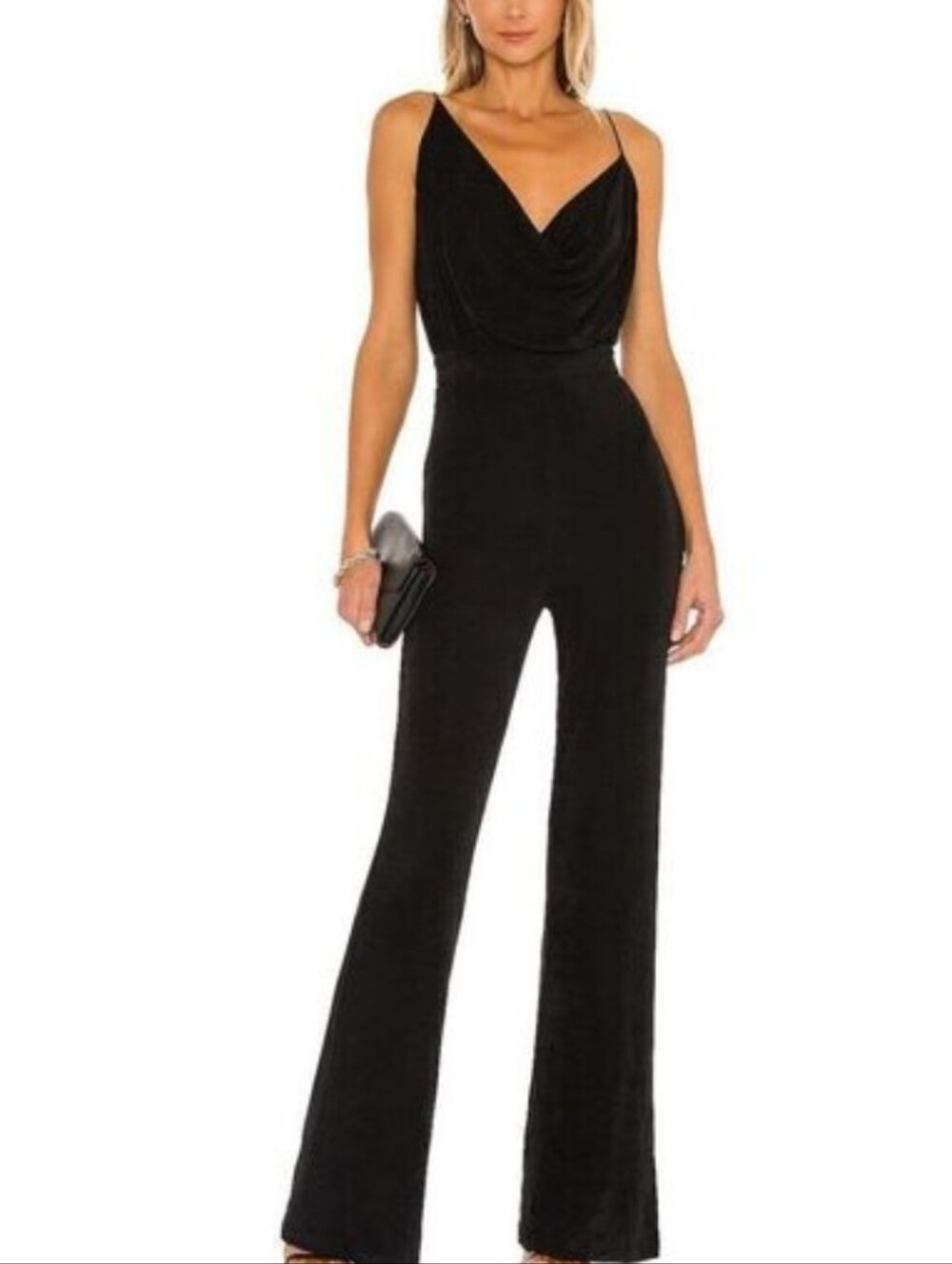 MISHA COLLECTION Black Draped V-Neck flare Leg Jumpsuit European size 44 NWTS